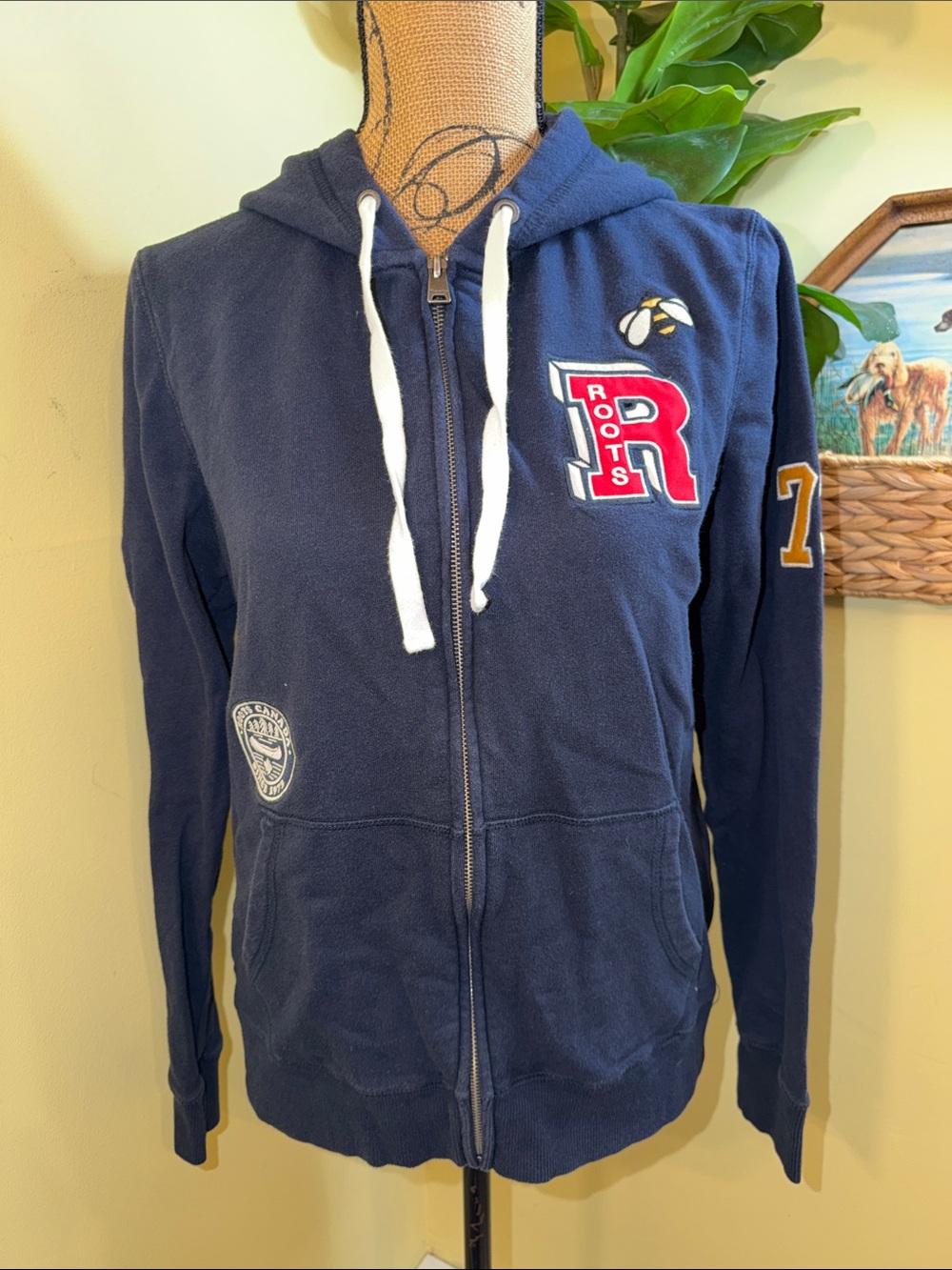 Roots Navy Zip Hoodie with Red 'R' Patch and White Drawstrings